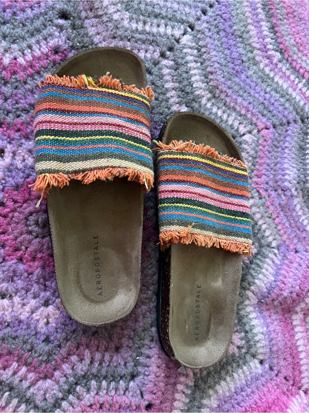 Aeropostale Orange-Trim Multicolor Striped Slide Sandals